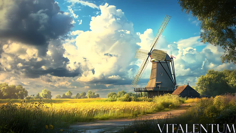 Sunlit country windmill under painterly summer clouds.
