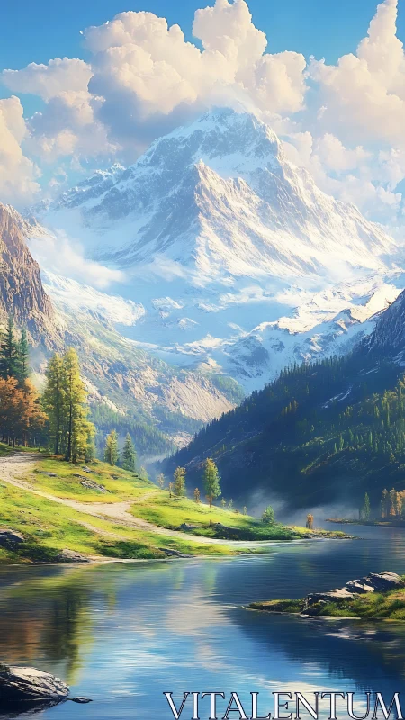 Snowcapped alpine peak above reflective mountain lake.