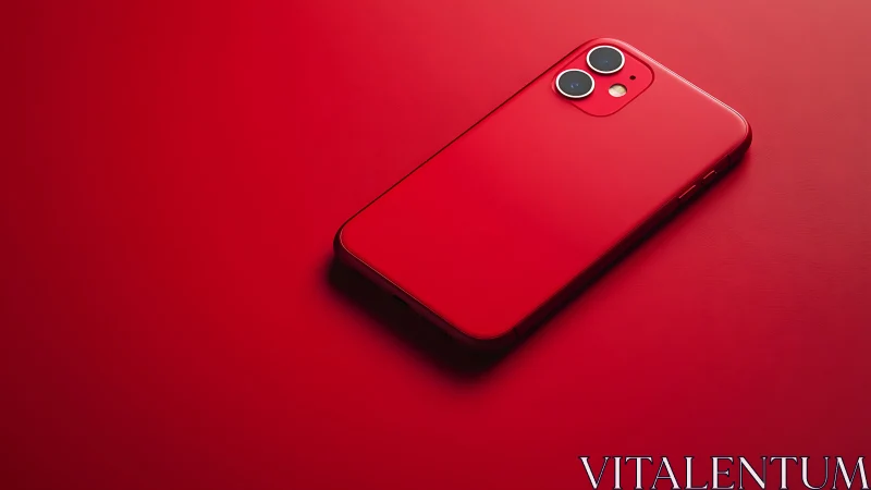 Red smartphone with dual camera system on monochromatic background.