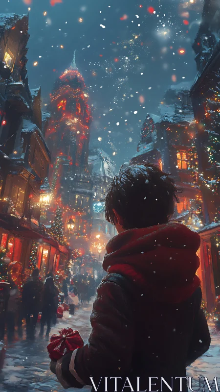 Snowlit gift bearer wandering through a glowing yuletide street.