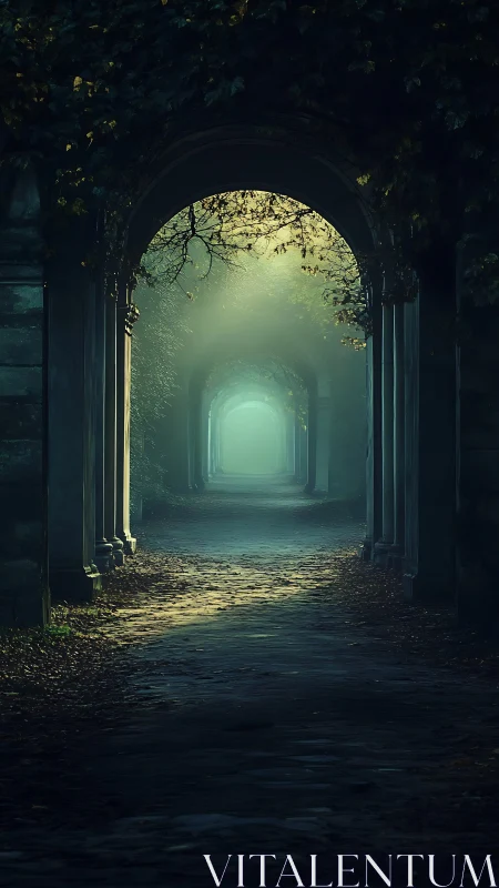 Misty ivy archway corridor fading into soft twilight.