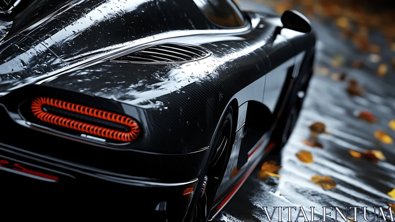 Rear carbon-fiber sports car body reflects wet roadway
