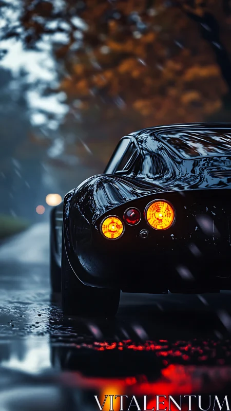 Rain-soaked supercar trails ember lights through twilight.