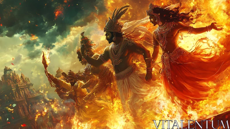 Flameborne deities stride through stormlit celestial fire.