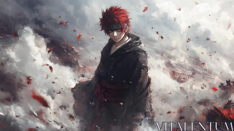 Red haired anime warrior stands in storm of ash and leaves.