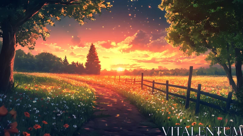 Sunlit country path through flower field at golden sunset.
