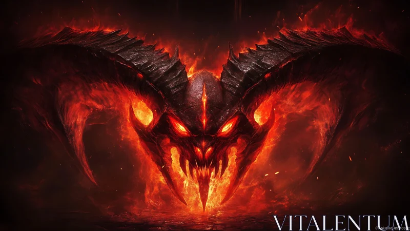 Infernal dragon visage emerging from swirling wildfire flames.