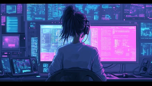 Person monitors multiple code displays in a dark workspace