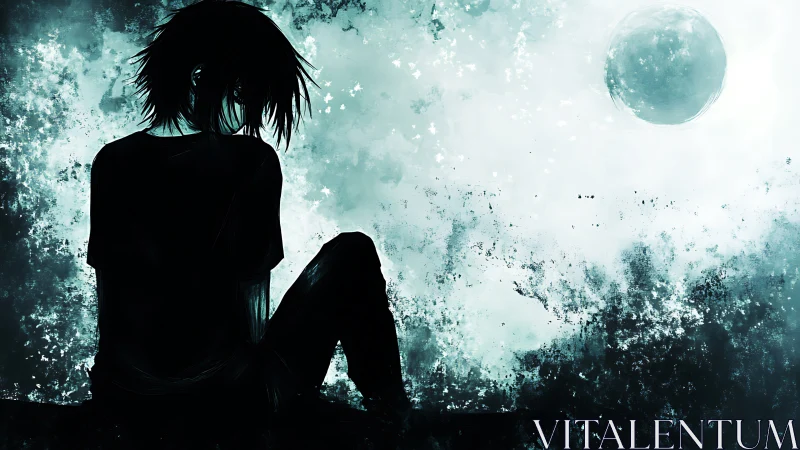 Solitary silhouetted figure under a pale moonlit sky.