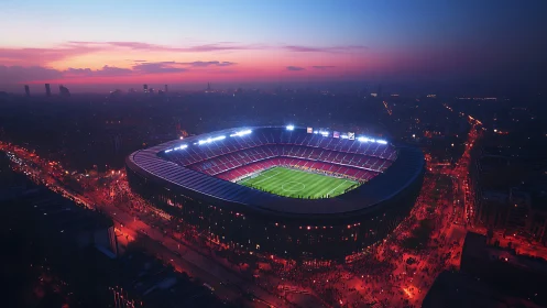 Floodlit football stadium glows over dense city at dusk.