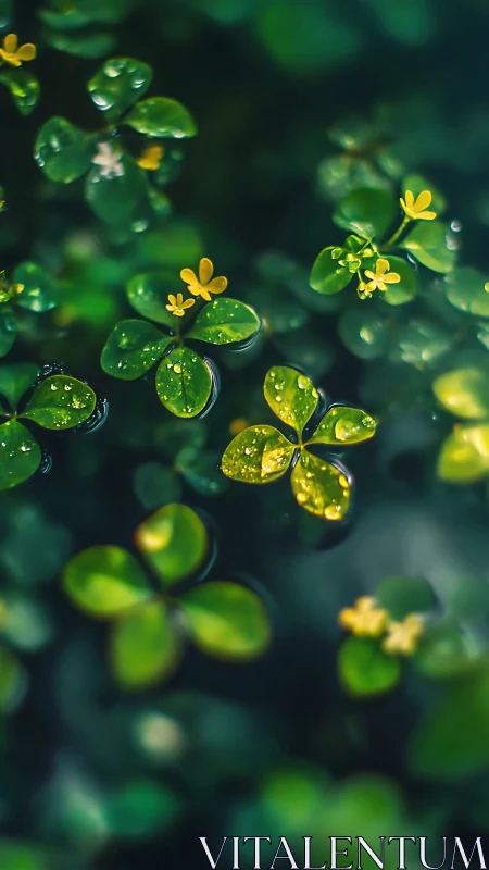 Dewlit clover leaves and yellow blossoms in soft bokeh focus.