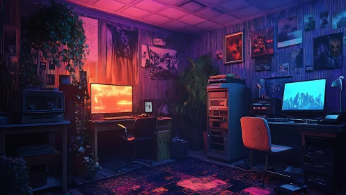 Dual workstations in neon lit retro styled gaming studio
