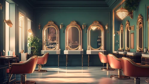 Velvet salon morning in teal and gold, waiting for whispers.
