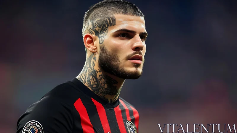 Tattooed footballer studies match field under stadium lights.