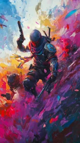 Armored gunfighter advances through high-energy abstract color field