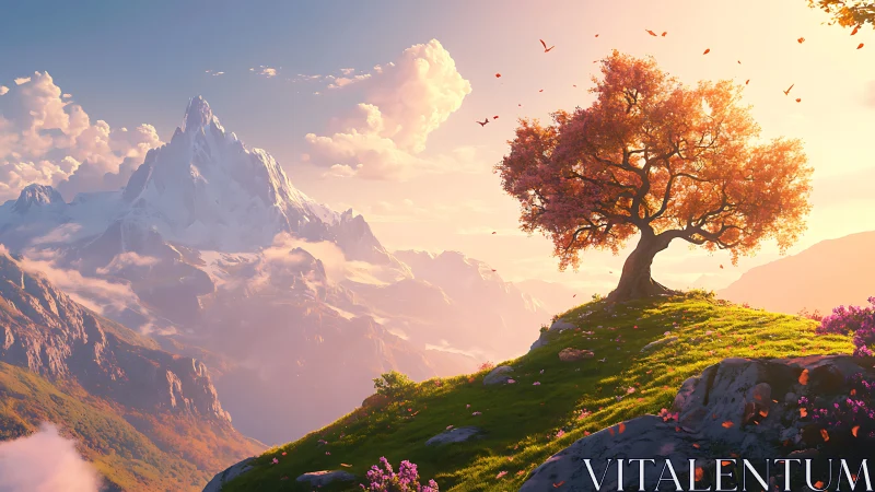 Lone blossoming tree crowns a sunlit mountain ridge at dusk.