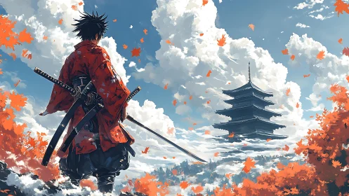 Samurai observes distant pagoda amid autumn cloud inversion