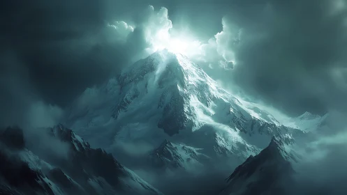 Snow covered mountain peak rises through dense storm clouds