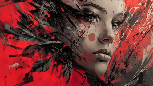 Crimson storm muse amid ink-feathered, restless splashes.