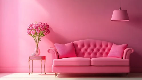 Monochrome pink interior sofa vignette with stylized lighting study