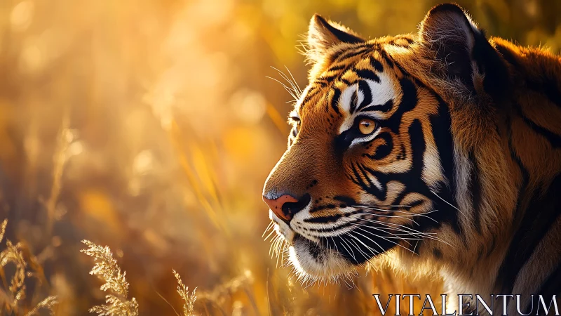 Golden hour tiger quietly watching the glowing grasslands.