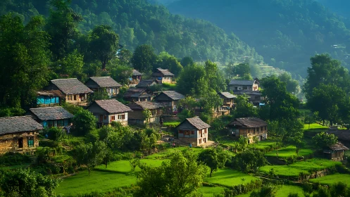 Hillside village stitched in emerald terraces and morning hush.