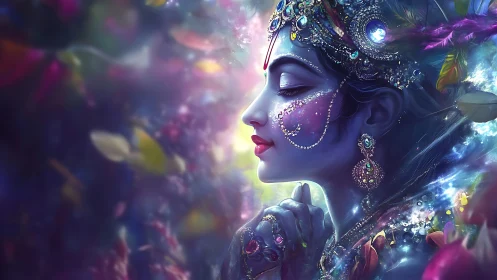 Jewelled goddess profile in luminous fantasy colors.