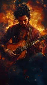 Guitarist glows in fiery light while lost in warm melody