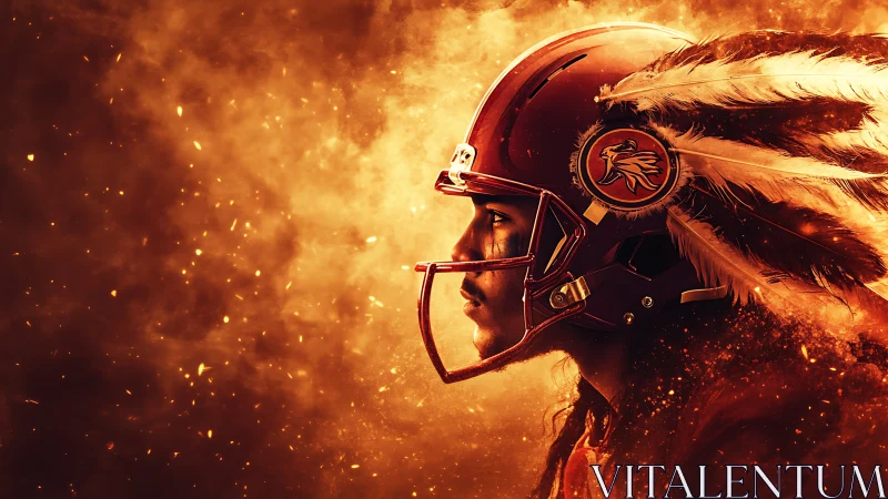 Warrior football player strides through blazing orange embers