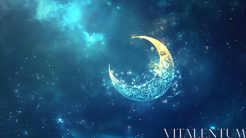 Ornate crescent moon glowing in a deep blue star field.