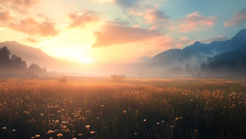 Soft sunrise over misty meadow and distant mountains.