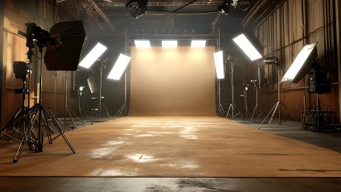 Empty professional photo studio with backdrop and lights.