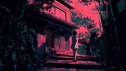 Girl stands on shaded stone steps below neon lit house