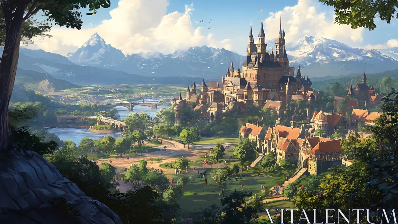 Sunlit alpine castle city with rivers, bridges and green valley