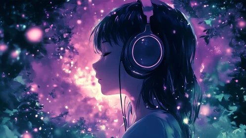 Side profile of headphone user in neon-lit digital forest