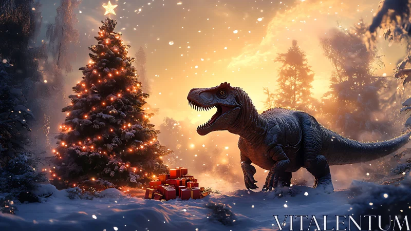 Snowy Christmas Eve glows as a curious dinosaur finds joy