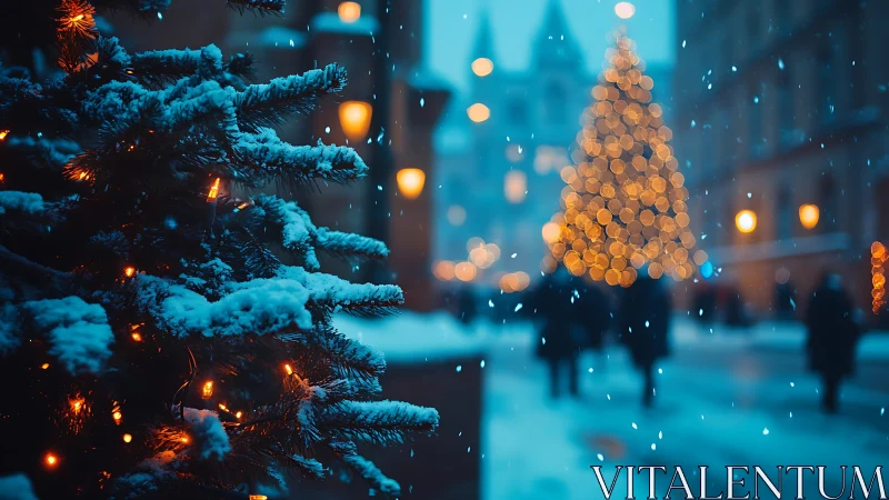 Snowlit evergreen with defocused festive city bokeh.