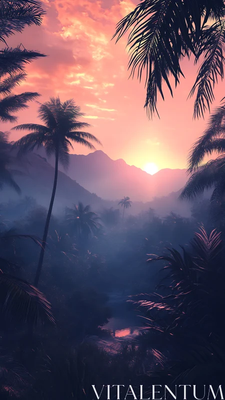 Tropical jungle valley at sunset with vivid pink sky.