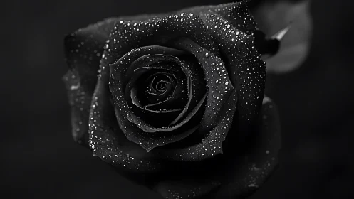 Monochrome macro study of dew covered black rose petals.