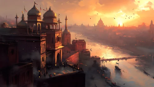 Sunlit river city glows beneath domed palaces at dusk.