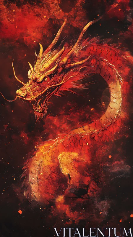 Serpentine dragon form suspended in red particulate field.