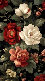 Classical botanical illustration of peonies arranged on dark background.