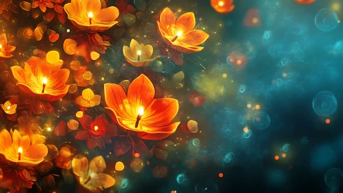 Illuminated flowers transitioning between warm and cool color fields.