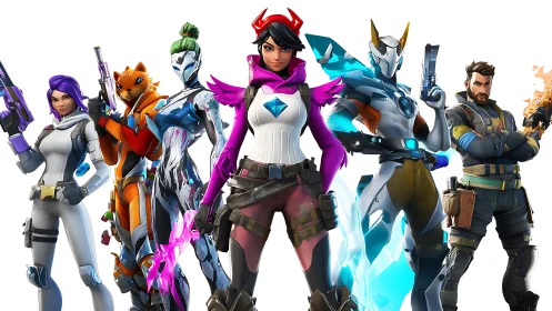 Lineup shows stylized game characters in varied combat gear