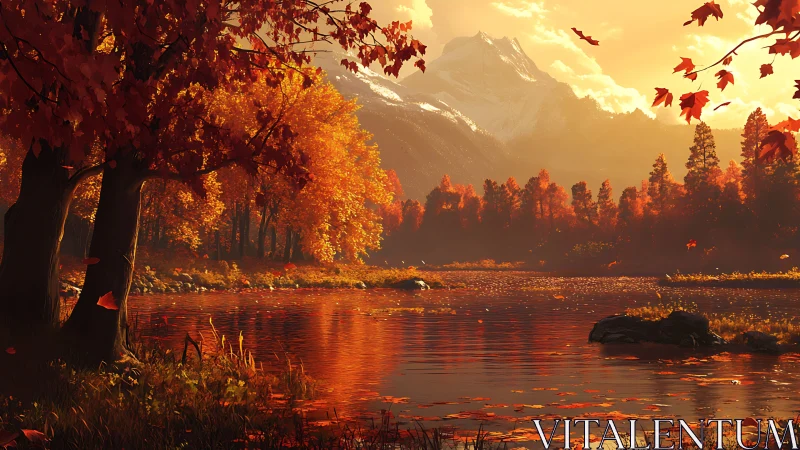 Autumn lake landscape under warm sunset light with mountains.