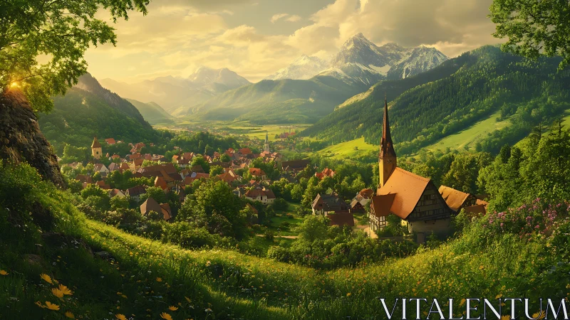 Digital painting of alpine village panorama with golden light.