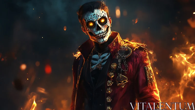 Fiery skeletal dandy framed by cinematic embers and smoke