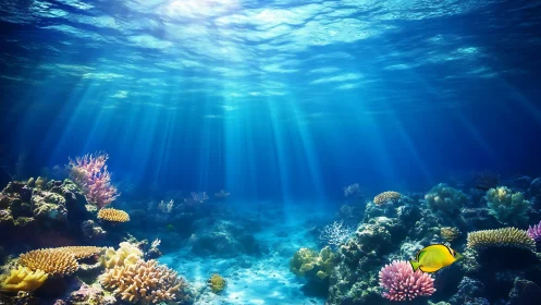 Sunlit coral kingdom and a lone yellow wanderer fish.