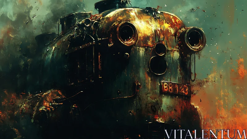 Rust-hearted war train roaring through ember-soaked fog.