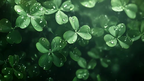 Macro clover leaves with refractive raindrops in shallow depth field